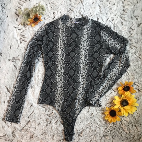 Tops - Snake Print Long Sleeve Mock Neck Mesh Animal Print Bodysuit Size Large